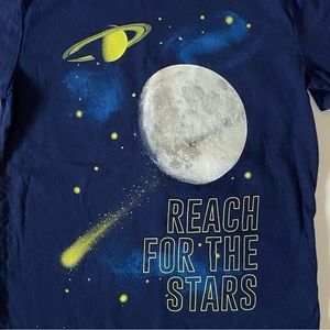 Lands’ End Space Shirt Size 5 6 Medium Navy Blue Short Sleeve planets moon stars